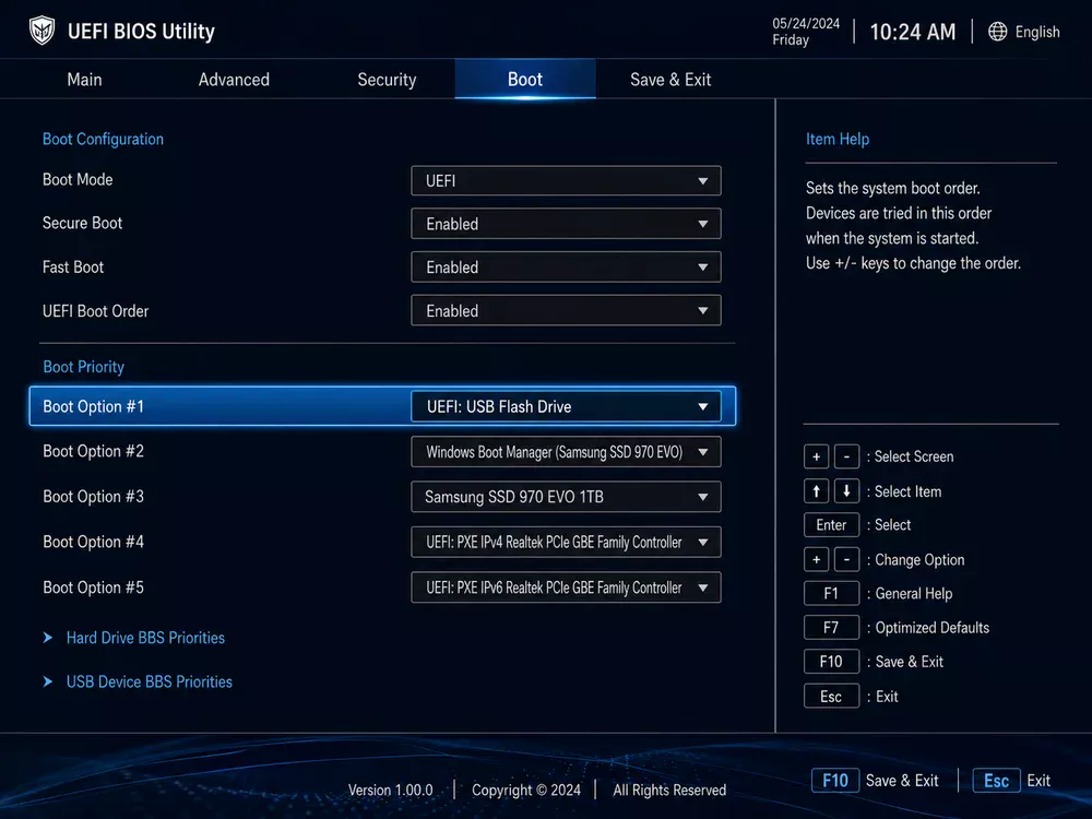 Выбор USB флешки в Boot Option 1