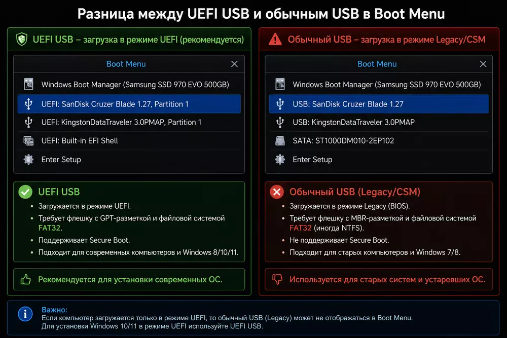 Разница между UEFI USB и обычным USB в Boot Menu
