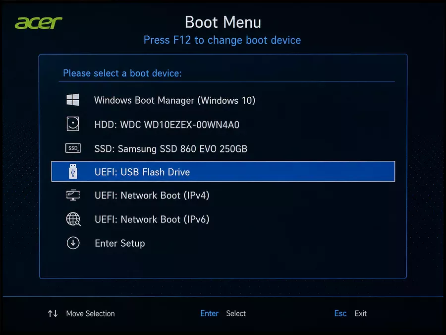 Acer Boot Menu F12 выбор загрузочной флешки