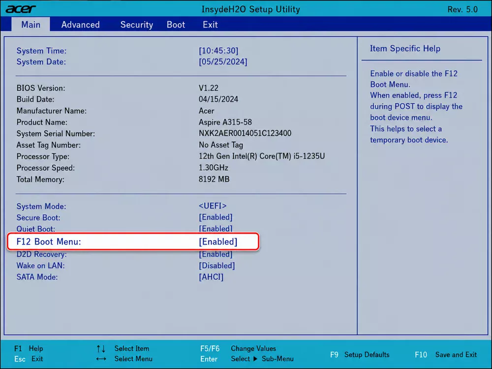 Acer BIOS включение F12 Boot Menu на вкладке Main