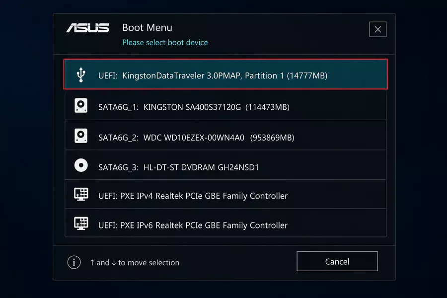 ASUS Boot Menu выбор UEFI флешки для установки Windows