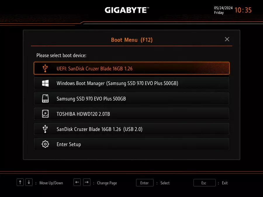 Gigabyte Boot Menu F12 выбор USB флешки