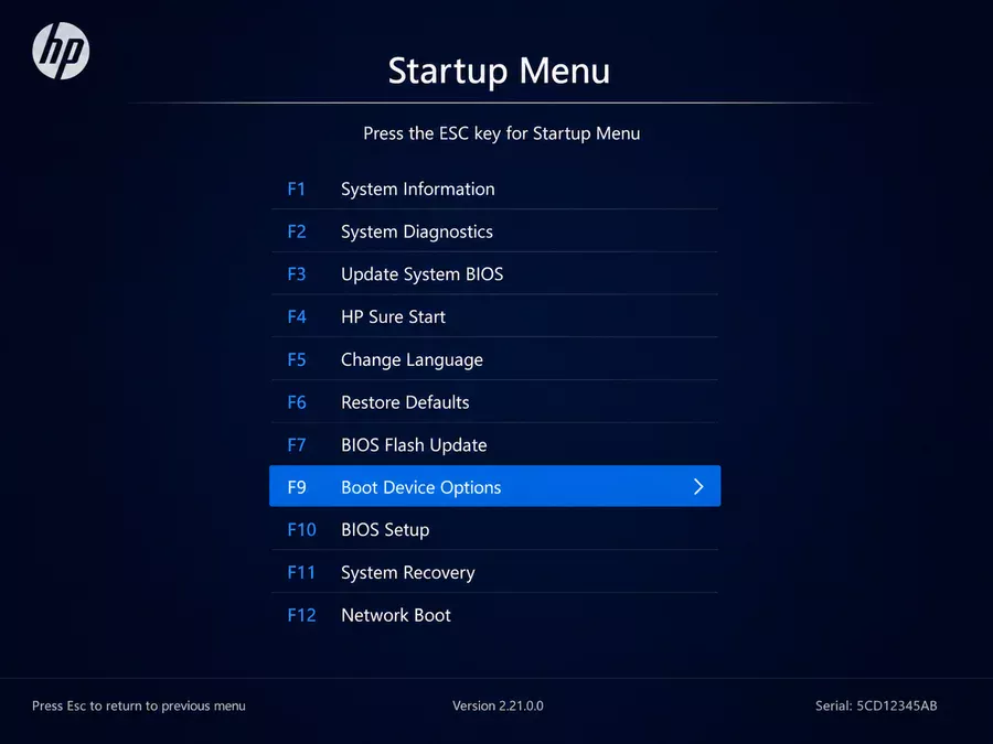 HP Startup Menu Esc и F9 Boot Device Options