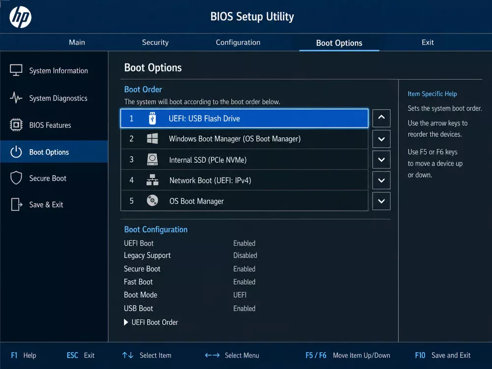 HP BIOS Boot Options настройка загрузки с USB флешки