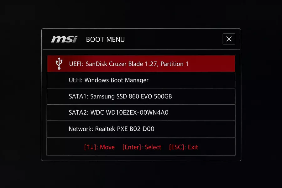 MSI Boot Menu F11 выбор загрузочной флешки Windows